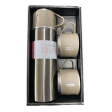 فلاسک استیل 500 میلی مسافرتی به همراه سه لیوان تصویر رنگ کرمی