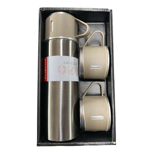 فلاسک استیل 500 میلی مسافرتی به همراه سه لیوان تصویر رنگ کرمی