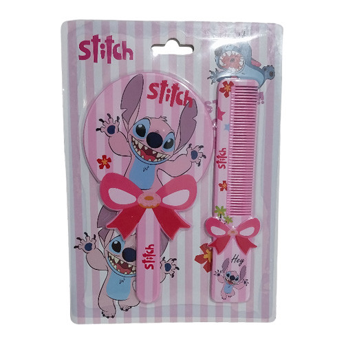 ست آینه و شانه طرح کرومی و استیچ تصویر جعبه صورتی