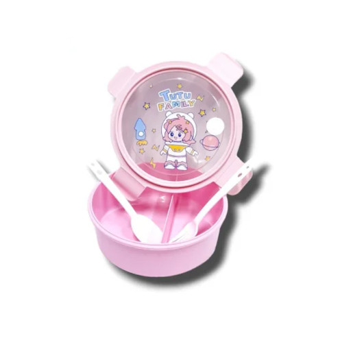 ظرف غذا کودک دو قسمتی به همراه قاشق و چنگال صورتی